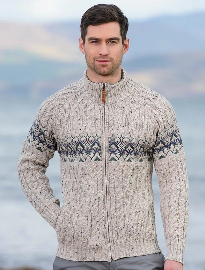 爱尔兰 lambswool 男士提花针织开衫毛衣,配男士口袋