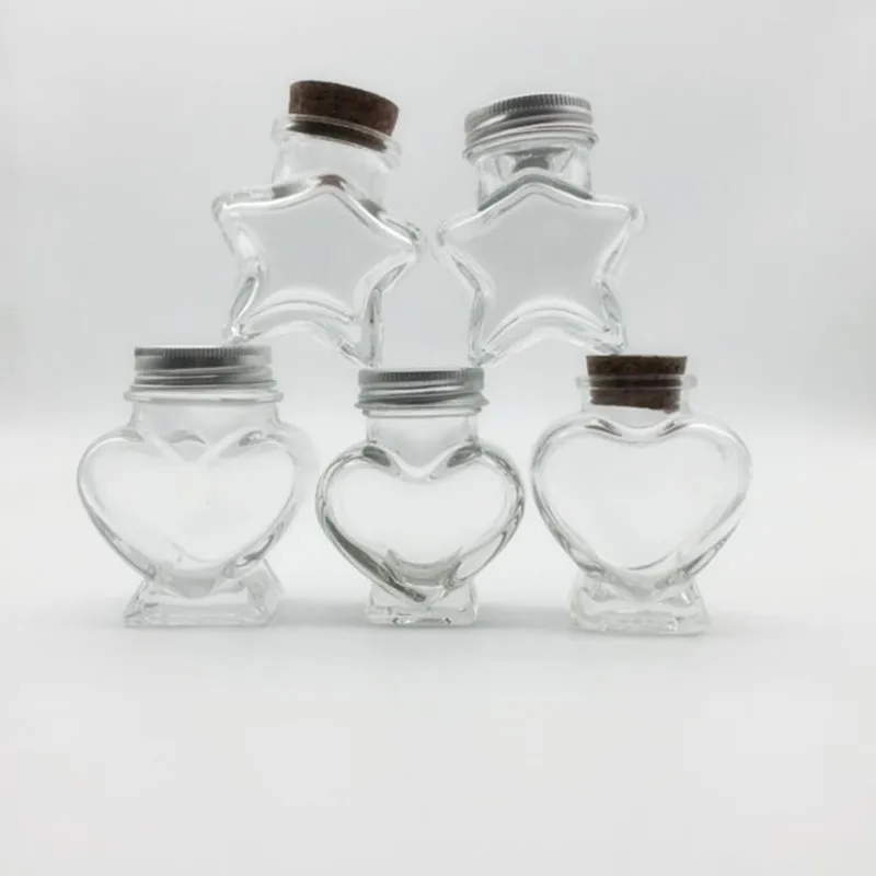 80ml Mini Tarros de Almacenamiento de Vidrio de Forma de Corazón Taza Recipiente de botella con tapón de corcho