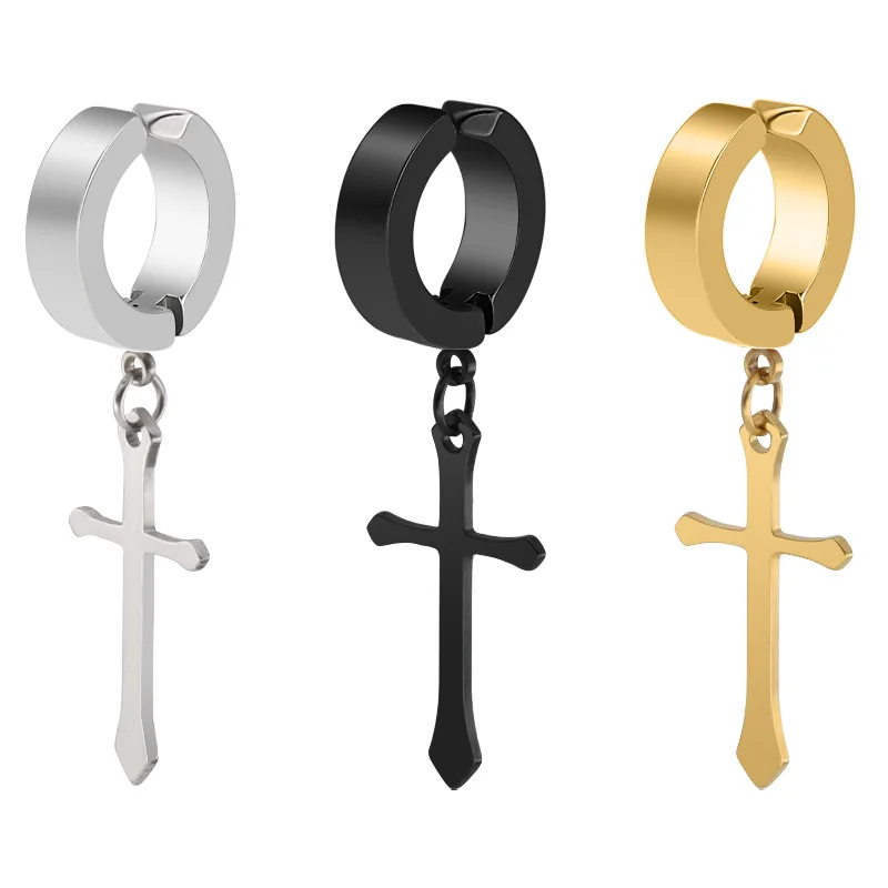Punk Gold Stainless Steel Stud Earrings Silver Black Hanging Cross Earrings for Men