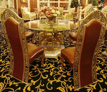 French Rococo Design Golden Round Dining Room Table With Genuine French Rococo Design Golden Round Dining Room Table With Genuine Leather Chair For 4 People