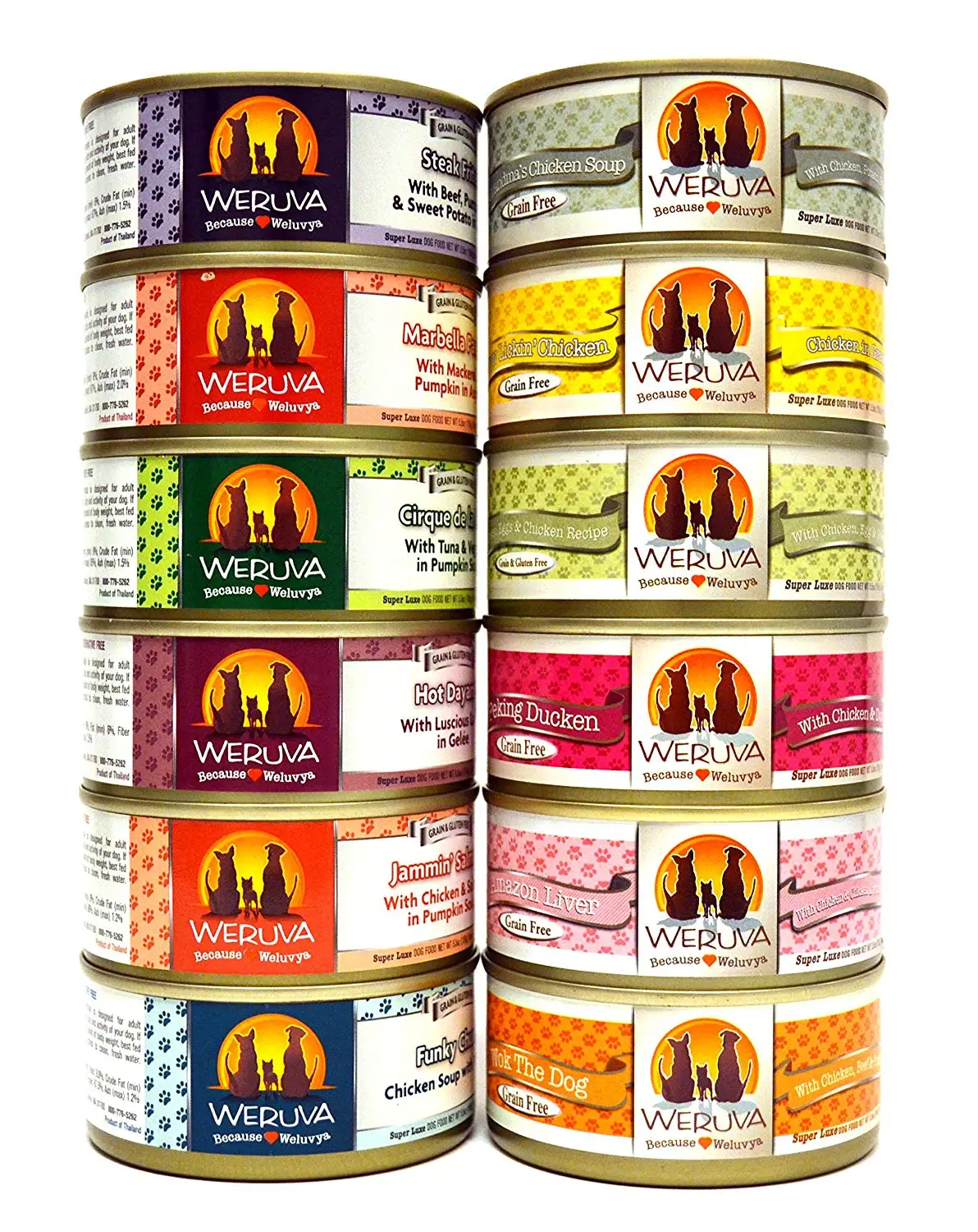 Weruva Grain Free Canned Dog Food Variety Pack - 12 Flavors (Grandma's Chicken Soup, Wok the Dog, Peking Ducken, Amazon Liver, Steak Frites, Funky Chunky, Cirque de la Mar, Paw Lickin' Chicken, Jammin' Salmon, Marbella Paella, Green Eggs & Chicken, and Hot Dayam!) - 5.5 Ounces Each (12 Total Cans)