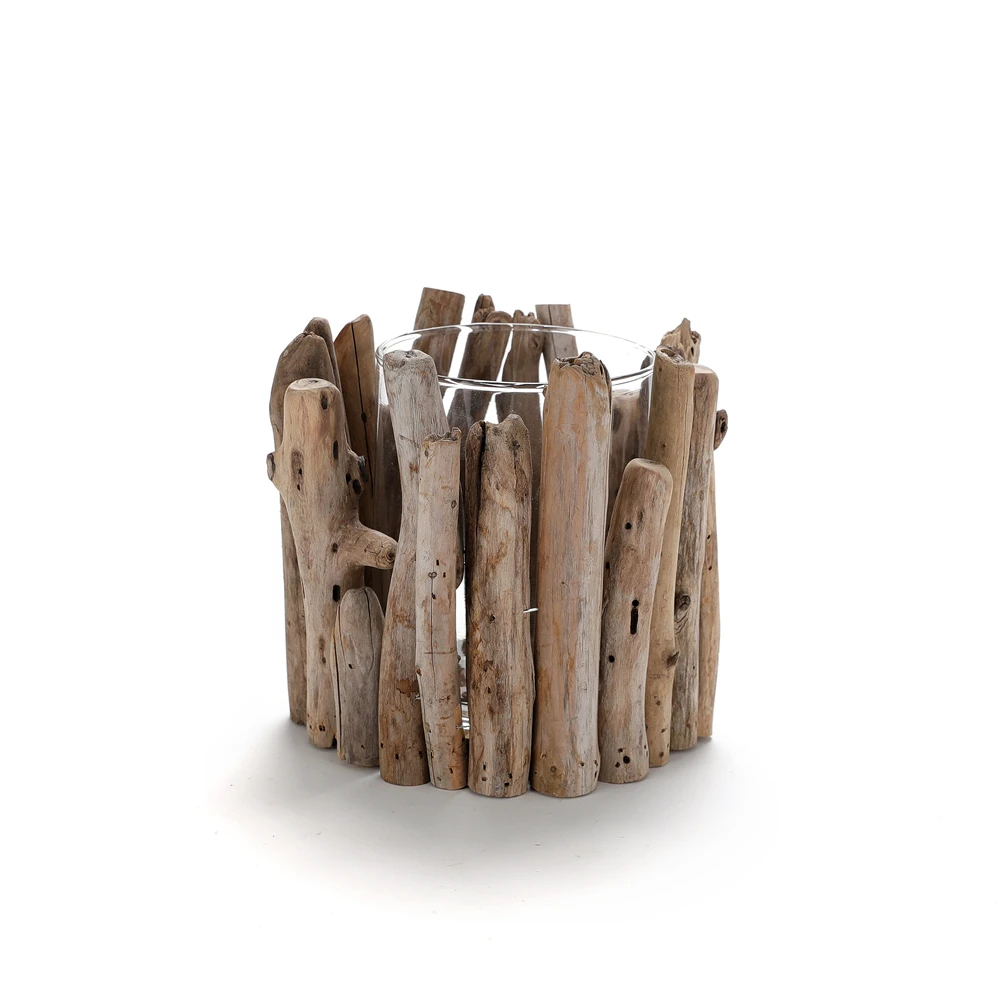 7.2" Natural Driftwood Hurricane Candle Holder with glass cup and tealight.JPG