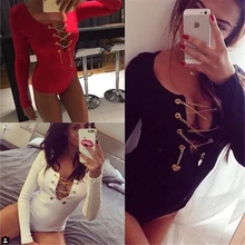 S-L Sexy DeepV Neck Lace Up Rompers Womens Jumpsuit 2015 Bodycon Long Sleeve Playsuit Metal Design Bodysuit Macacao Feminino