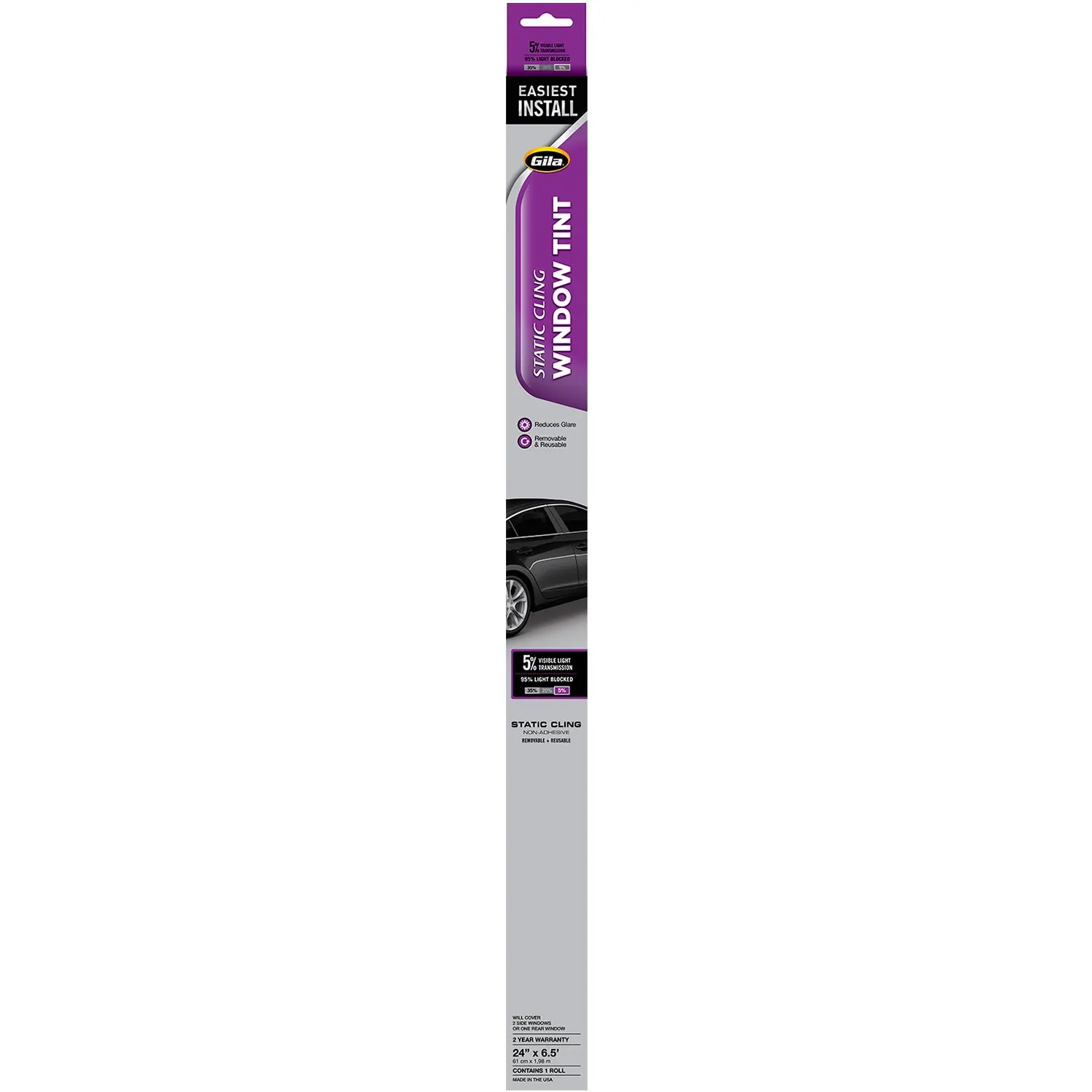 Gila Static Cling 5% VLT Automotive Window Tint DIY Easy Install Glare Control Privacy 2ft x 6.5ft (24in x 78in)