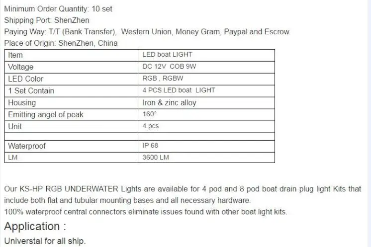 3x3W IP68 Waterproof Blue/RGB LED Marine Light led work light For Sea Travel 12volt underwater boat light