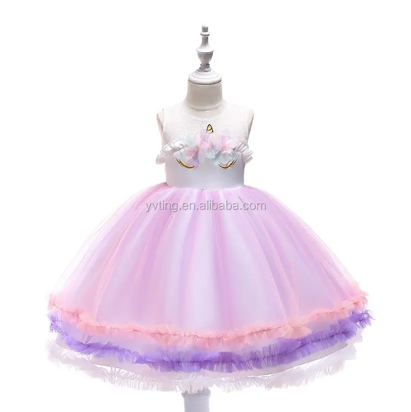 Girls Unicorn Dress Children Summer Birthday Party Net Yarn PengPeng Princess Dress