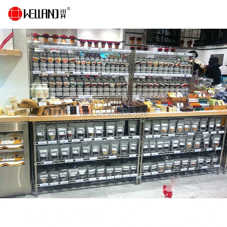 Modern Supermarket Retail Shelving Unit,4 Layers Chrome Wire Shelving