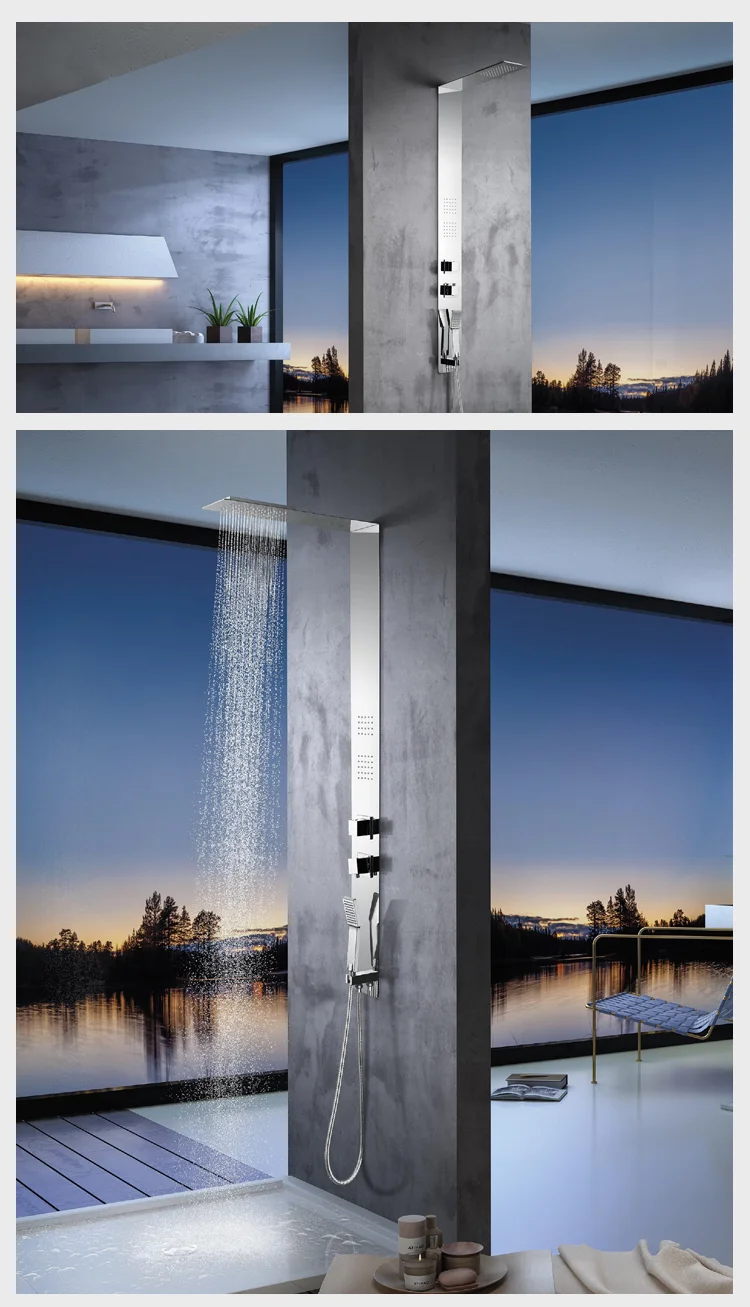 Bathroom stainless steel rainfall showerhead massage thermostatic smart shower panel