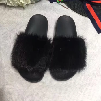 fashion girls black indoor slipper real fur slippers for sale women