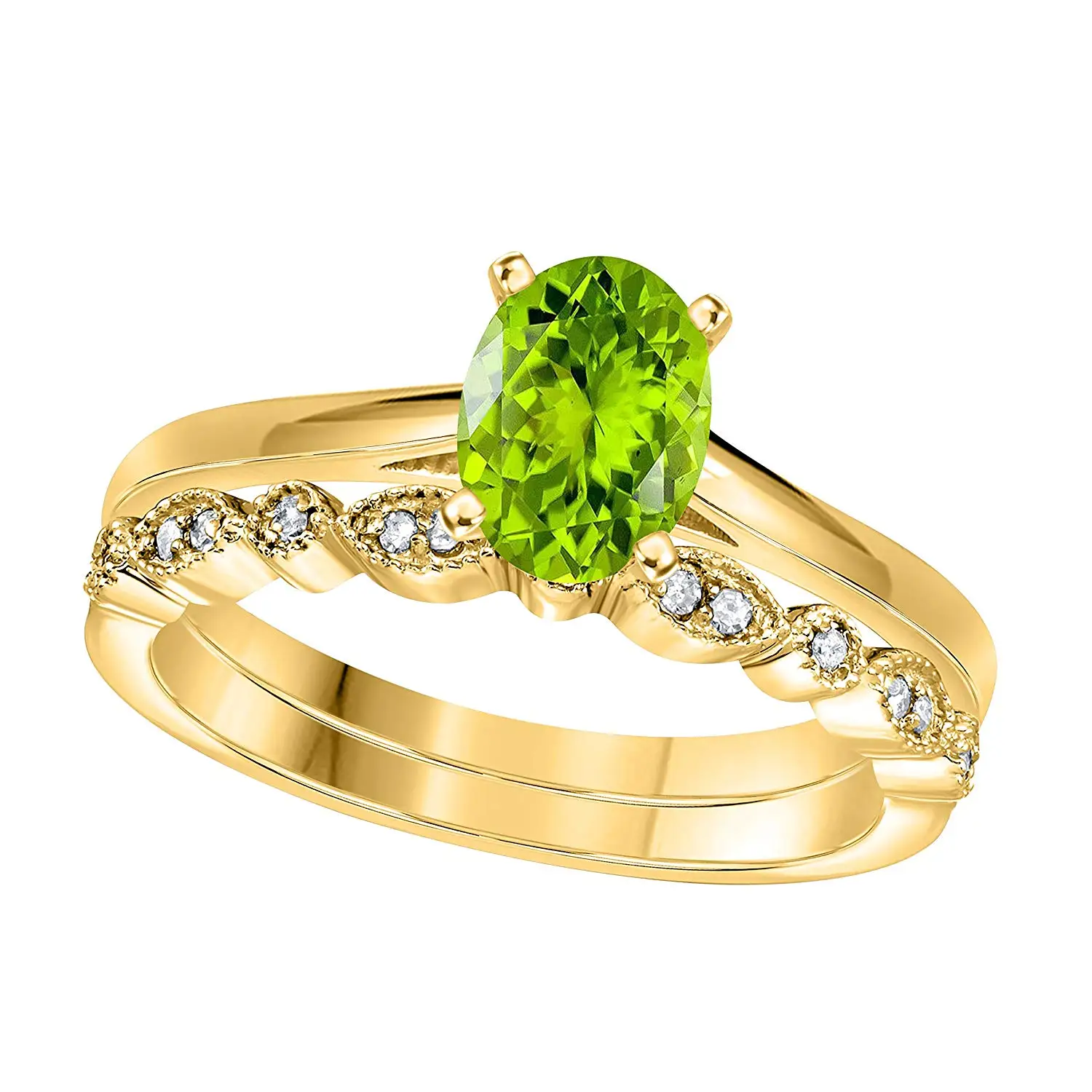 Jewelryhub 1.00 Ct Oval & Round Cut Green Peridot & White CZ Diamond 14k Yellow Gold Plated Sterling Silver Art Deco Vintage Design Wedding Bridal Ring Wedding Ring Set Engagement Ring Sets Size 5-10