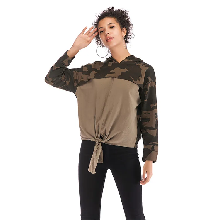 OEM ODM Custom Autumn Spliced Tie Hem Camouflage Hooded Plus Size Oversize Women'S Cropped Sweatshirt