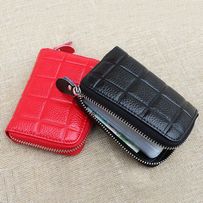 Double Zipper Cowhide Leather Card Holder Multifunctional Rfid Anti ...
