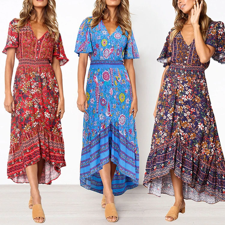 2019 Summer Women Maxi Noble Sapphire Blue Floral Print Front Button Bohemian Beach Dress