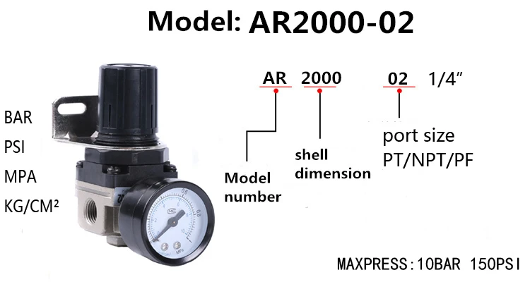 Pneumatic Air Pressure Regulator AR2000-02 Thread 1/4 inch PT 