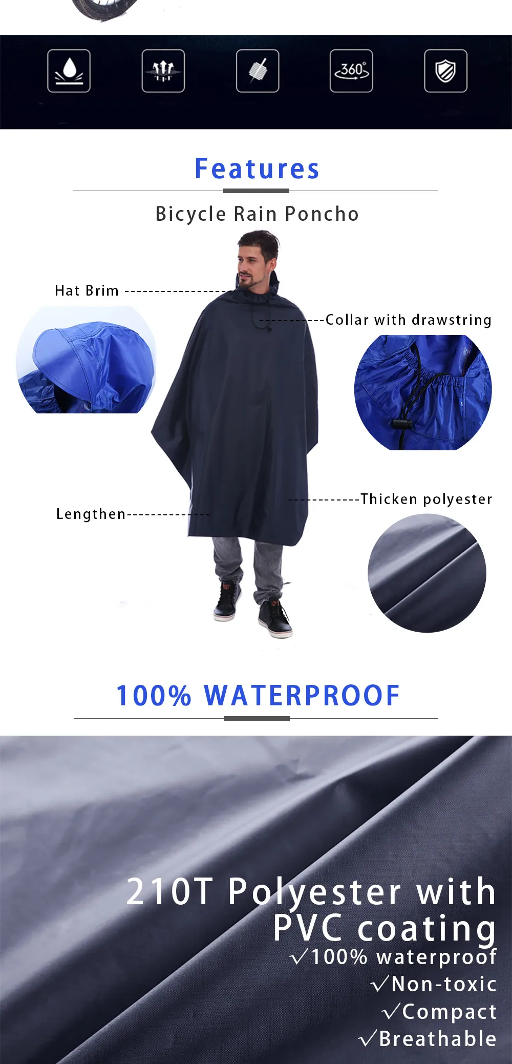 100% Motorcycle Bicycle Bike Polyester Unisex Cycling Rain Poncho Raincoat