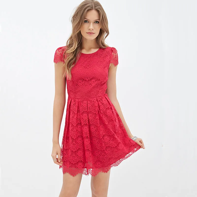 red lace short sleeve dress