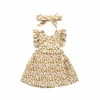Fashion summer two parts floral printed dress sets ruffle suspender backless yellow small flower floral headband and dress