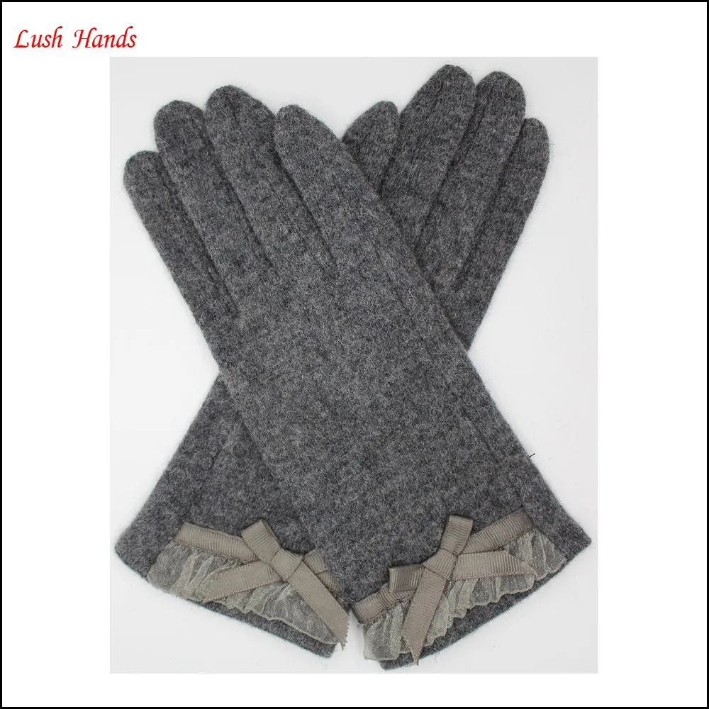 2016 women's grey woolen gloves with lace bow for wholesale