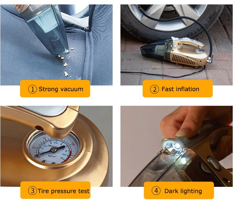 Hot selling multi-function 4 in 1 portable air pressure tire gauge led light car vacuum cleaner with tire inflator