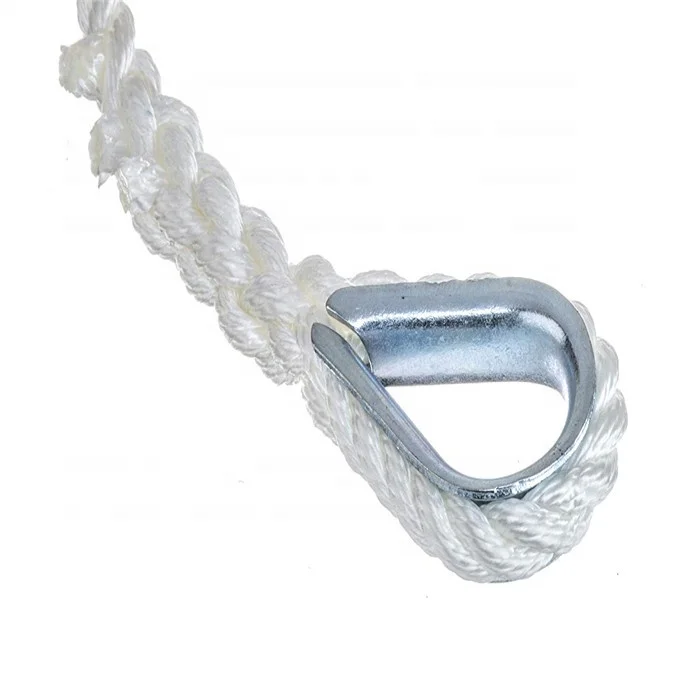 3 strand twisted white nylon material anchor rope with stainless steel thimble for ship