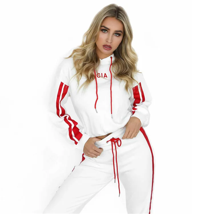 Wholesale Custom Newest Embroidered Straps Hoodie Striped Women Tracksuit