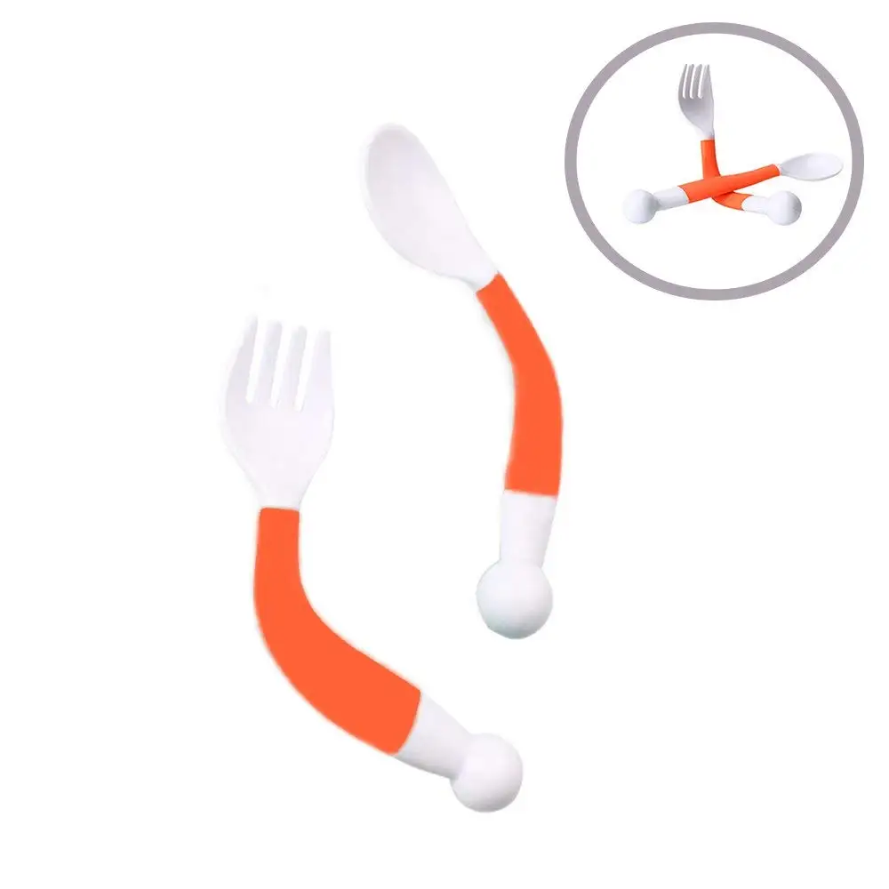 LK-WORLD Baby Fork and Spoon Set/Kids Infant Self Feeding Spoon Toddler Feeding Baby Utensils/Baby Feeding Spoon Fork Set Utensil Curved Handle Training, BPA free Kids Tableware (Orange)
