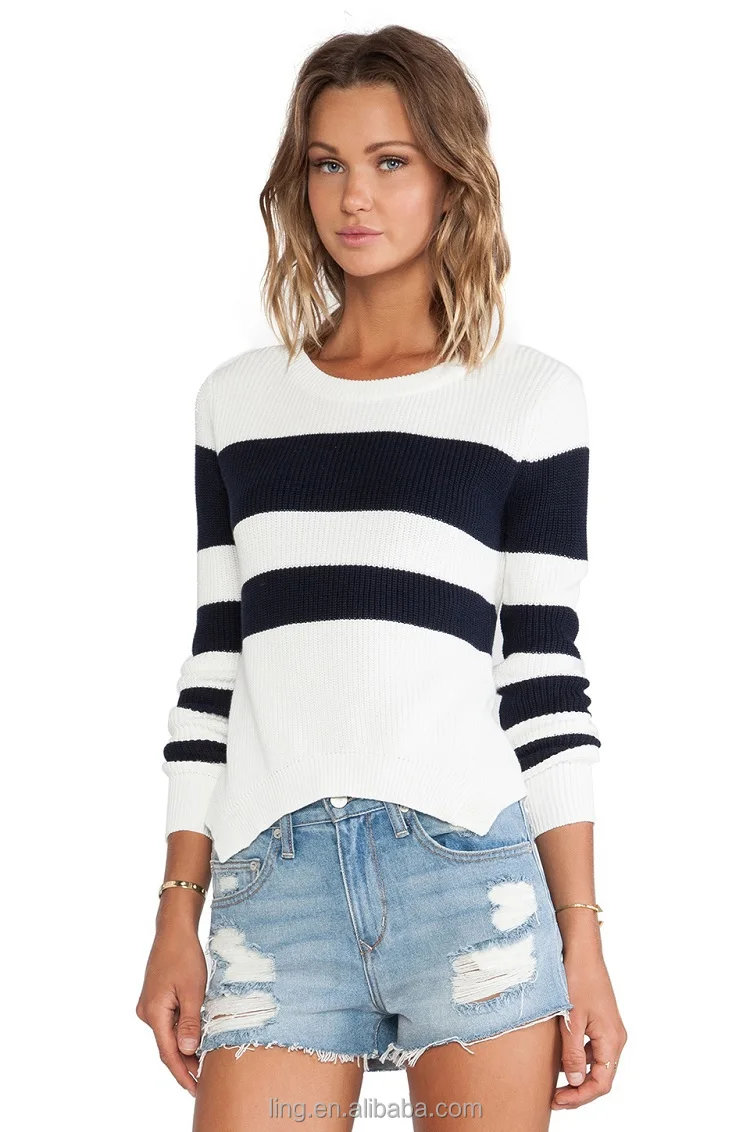 Long Sleeve Open Back Navy Blue White Stripe Cashmere Woman Sweater ...