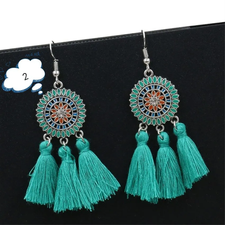 Flower Fabric Tassel Fringed Earrings For Women Dangling Bohemian