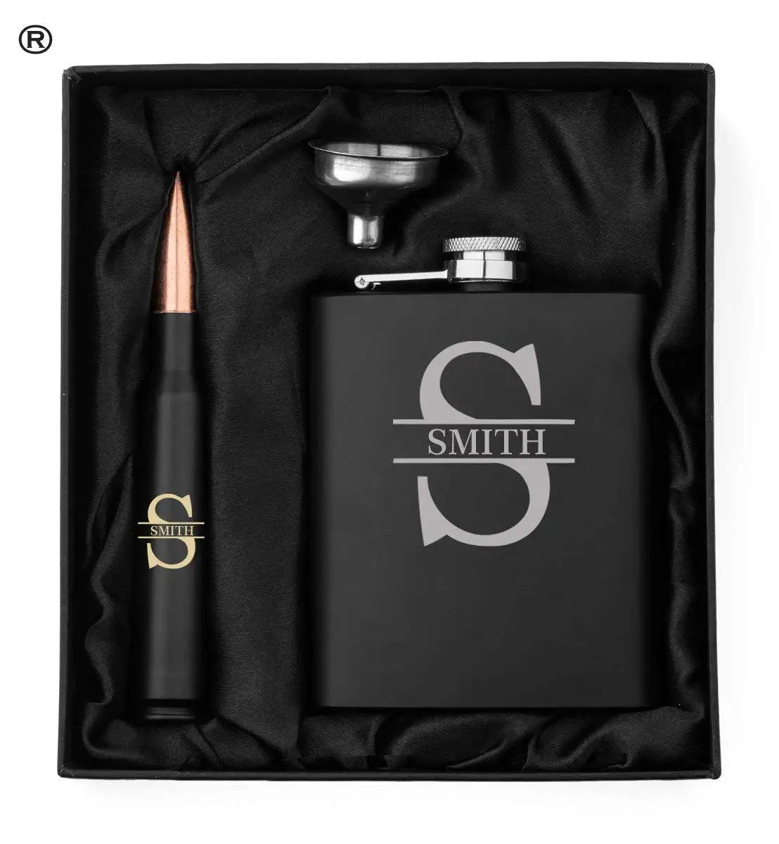 Monogram Initial Engraved Hip Flask, Funnel and 50 Caliber Bullet Bottle Opener Matte Black Gift Box 50 Cal Custom Personalized
