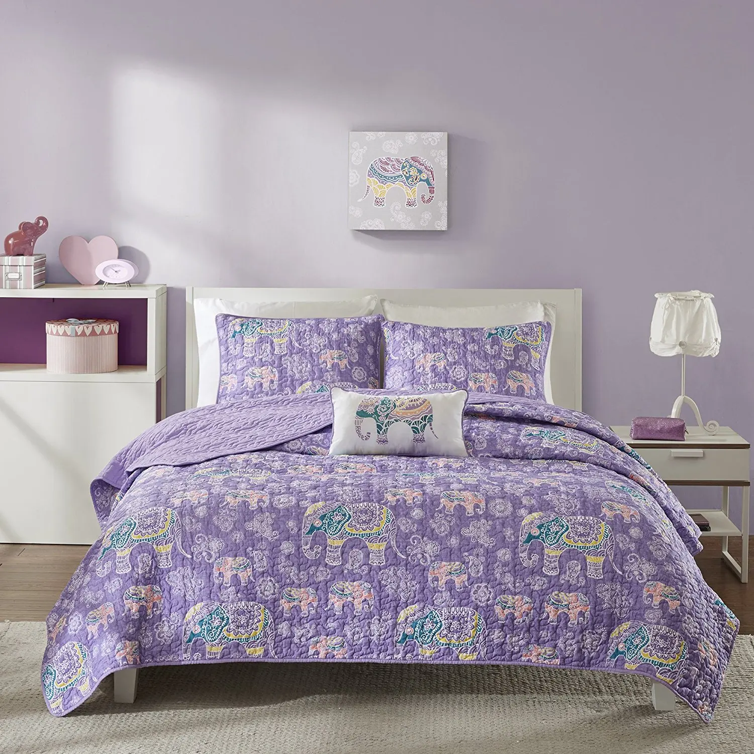 3 Piece Girls Light Purple Boho Chic Elephant Theme Coverlet Twin XL Set, Beautiful Girly All Over Bohemian Paisley Floral Bedding, Multi Elephants Flower Themed Pattern, Lilac Lavender Yellow White