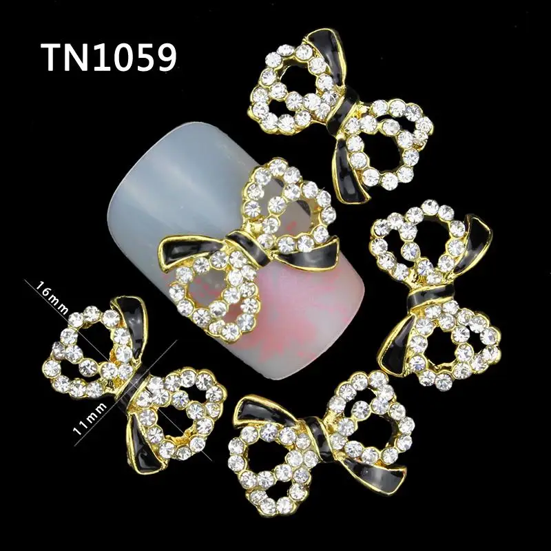 10 Pcs Glitter Black Gold Bow 3D Clear Rhinestones For Nail Art Decorations On Gel Polish