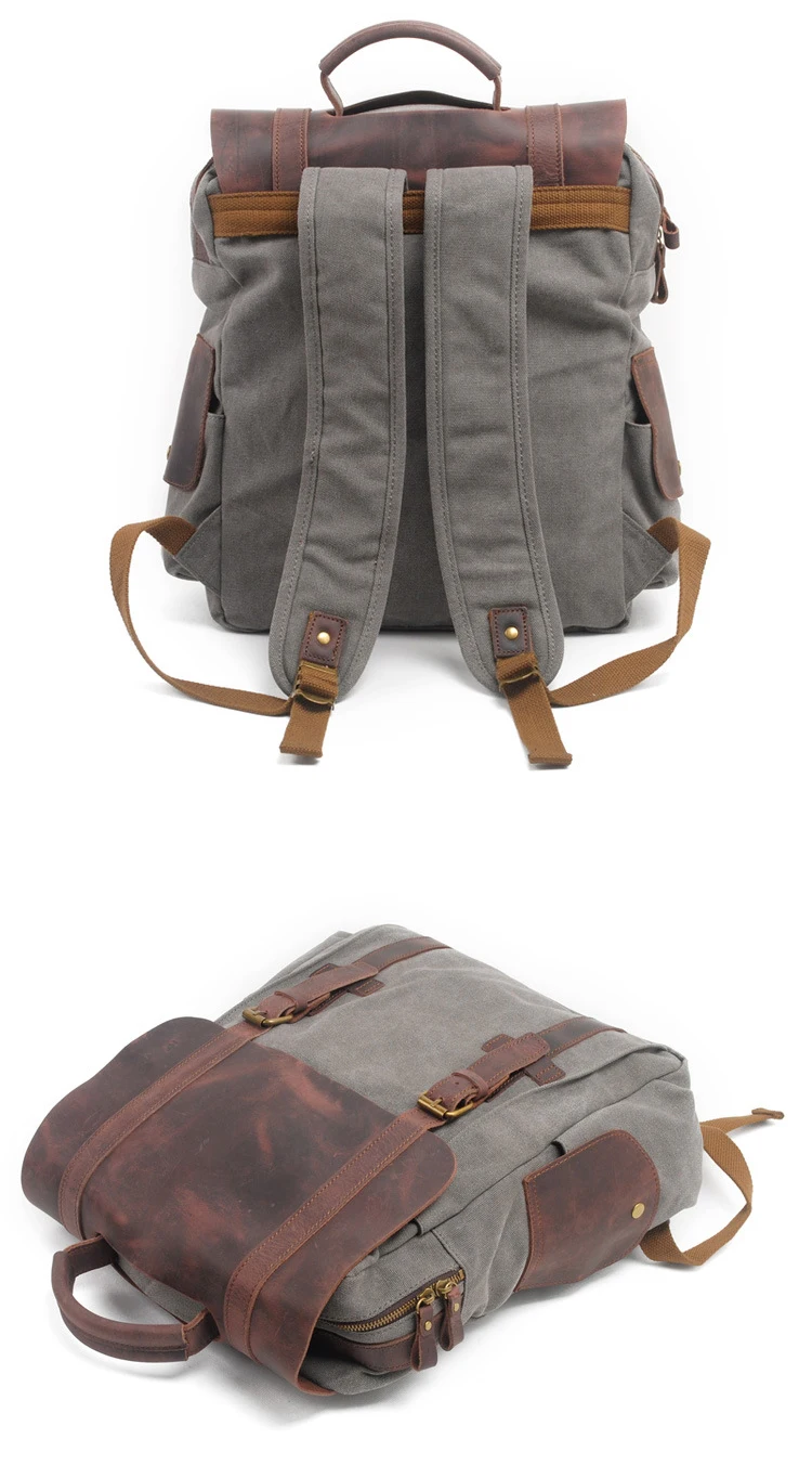 The latest elegant vintage crazy horse leather cotton canvas unisex satchel rucksack school back pack backpack bag