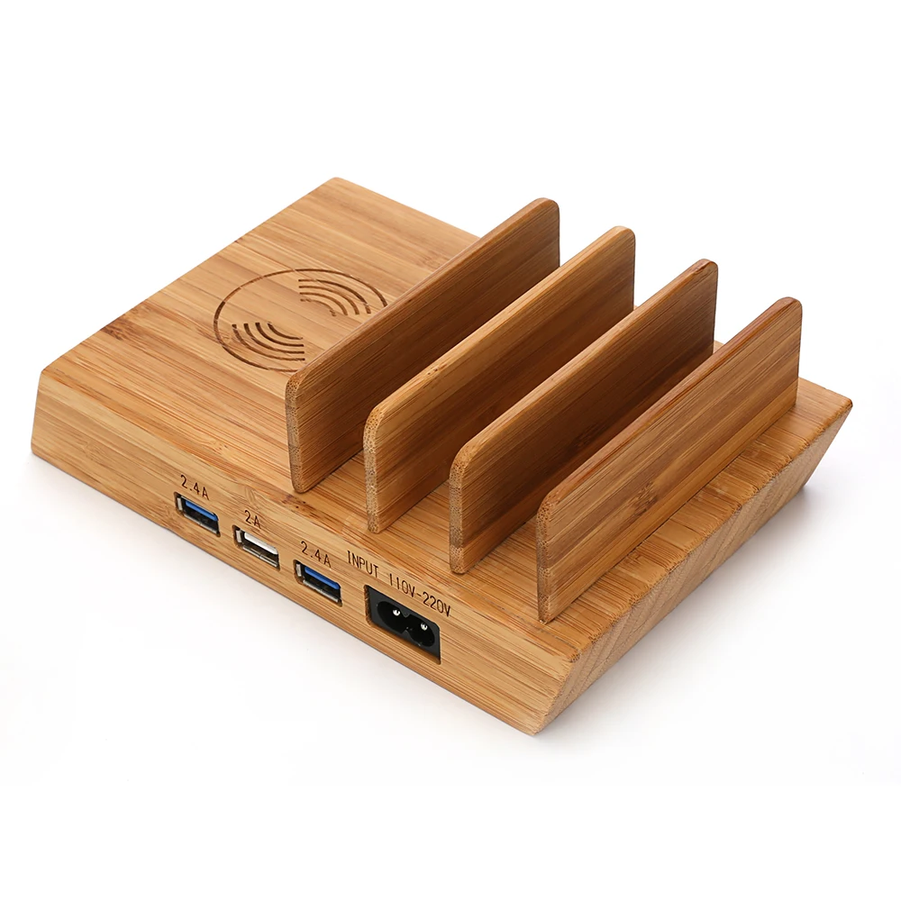 Bamboo 3 Usb Charging Station Dock With Qi Wireless Charger Fast 3 Port