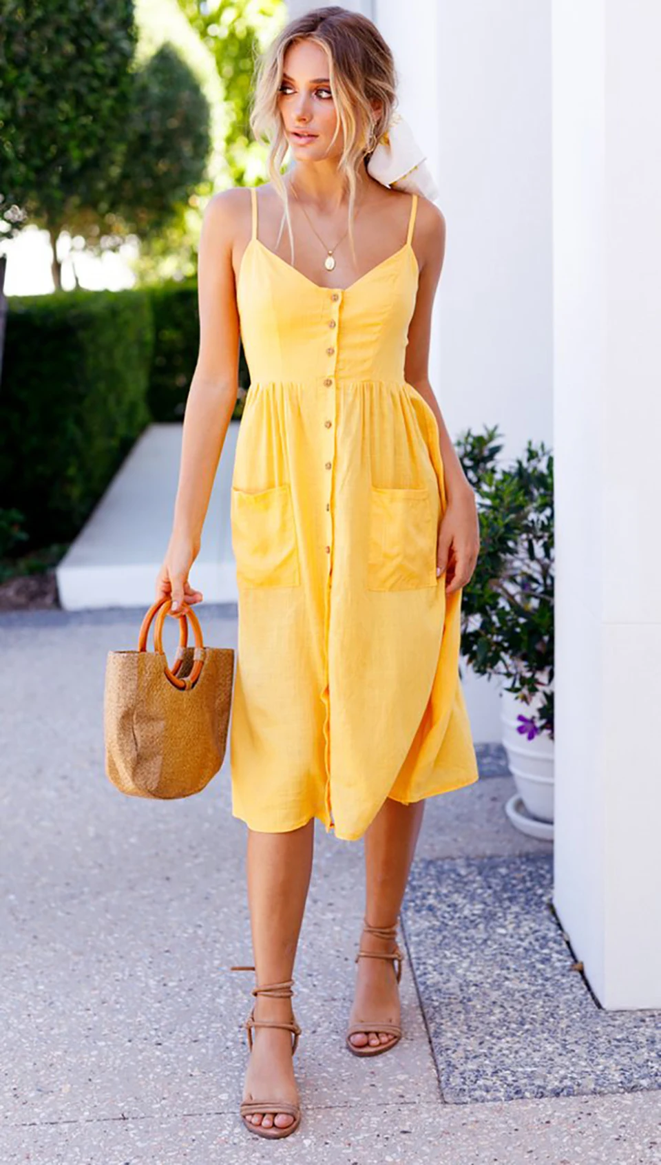 OOTN Female Summer 2019 Strap Sundress Cotton Women Midi Tunic Sun Dress Yellow Boho Saida De Beach Dress Women Casual Dresses