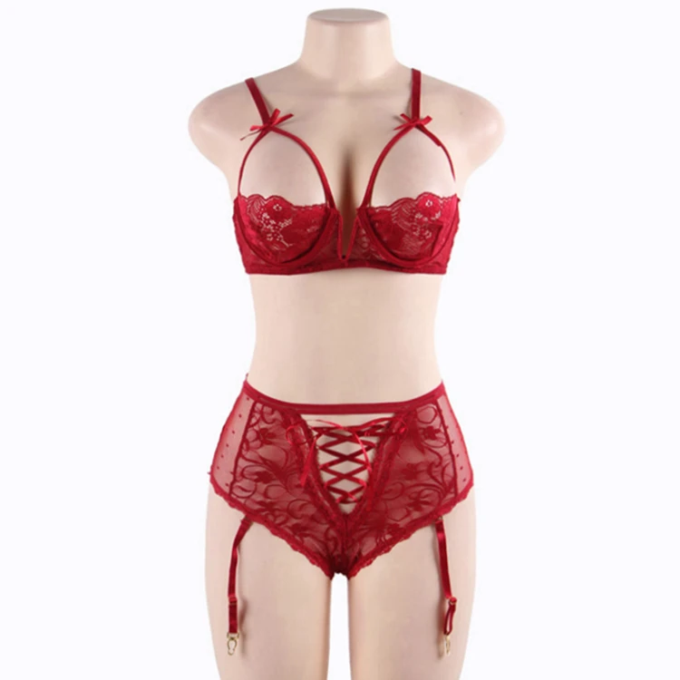 Hot Sexy Plus Size Red Lace Open Bust Bra And Garter Panty Set Lingerie 6356