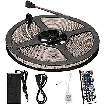 16.4ft 5M Waterproof Flexible Strip Lighting 300led RGB SMD5050 LED Light Strip Kit 5M+44Key Remote+12V 5A Power Supply