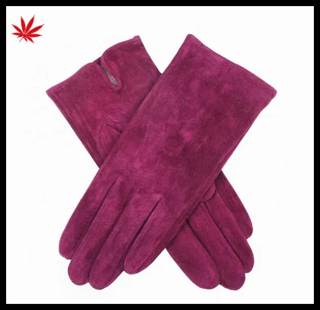 Lady's pink /grey genuine sheepskin suede gloves
