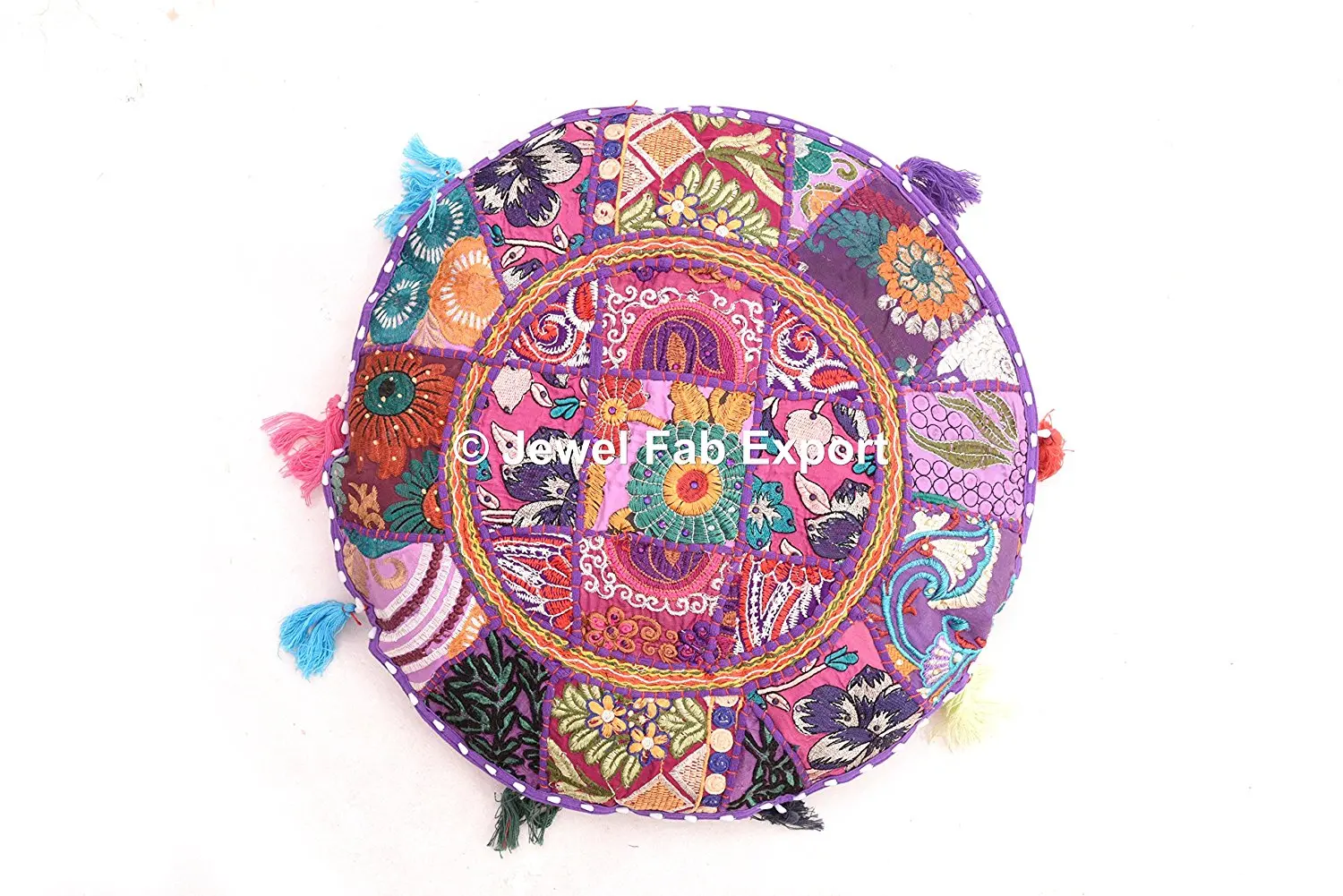 Indian Vintage 18''x18" Ottoman Gypsy Pouf Home Decor Vintage Marvelous Banjara Multi color Ethnic Handmade Floor Cushions Bohemian Assorted Patchwork Embroidered Round Euro Sham POUF COVER ONLY