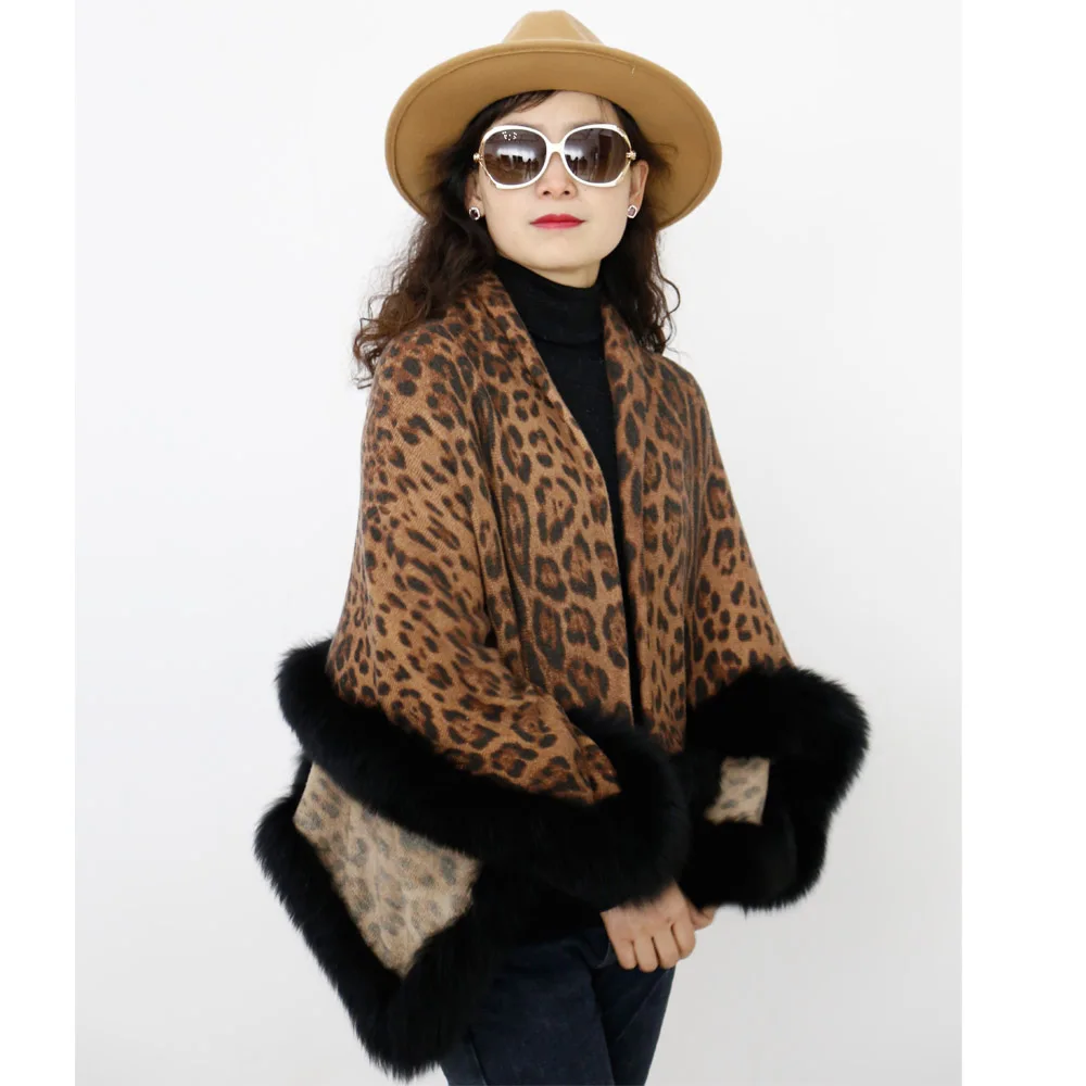 
Luxury Fashion Designer Leopard Print Lady 100% Cashmere Shawl With Fur Trim 