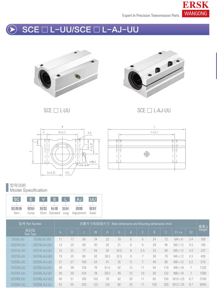 Linear Bearing Supported Slide Rail Size Chart And Linear Bearing