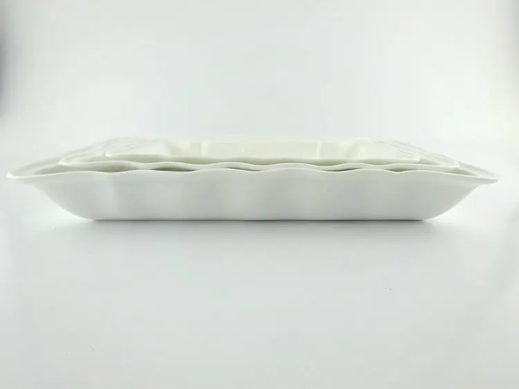 Dishwasher safe rectangular shape white restaurant ceramic serving dish with wavy rim