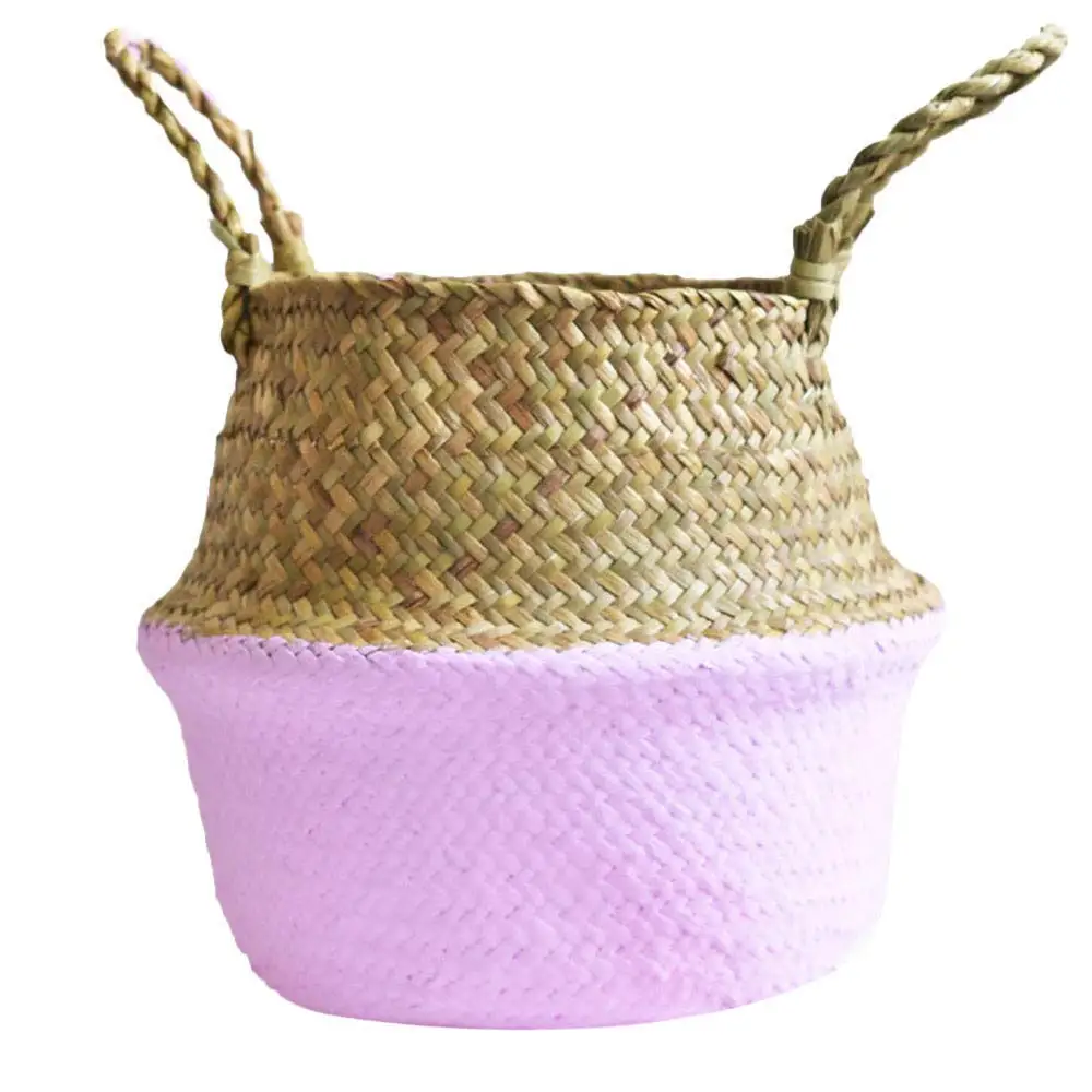 Seagrass Wicker Basket Wicker Flower Pot Folding Dirty Seaweed Woven Flowerpot Foldable Flower Basket (Purple)