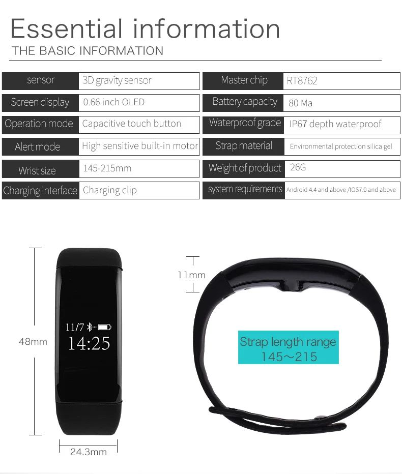 V66 BT Sport Smart Watch IP68 Waterproof Heart Rate Monitor Wristband Smart Health Bracelet for Android IOS