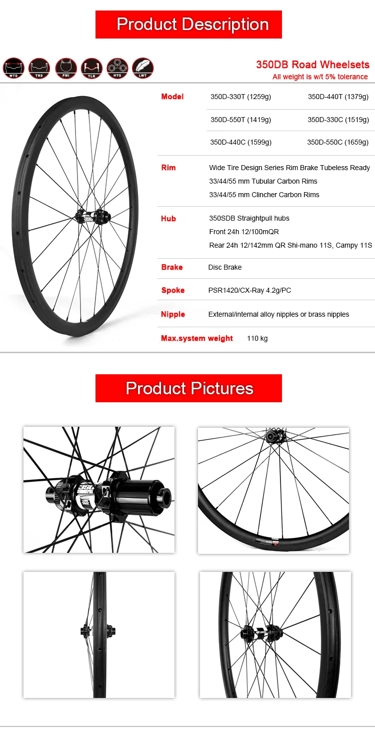 Yishunbike Lightweight Carbon Fiber 700c Road Bike Disc Brake Wheels ...