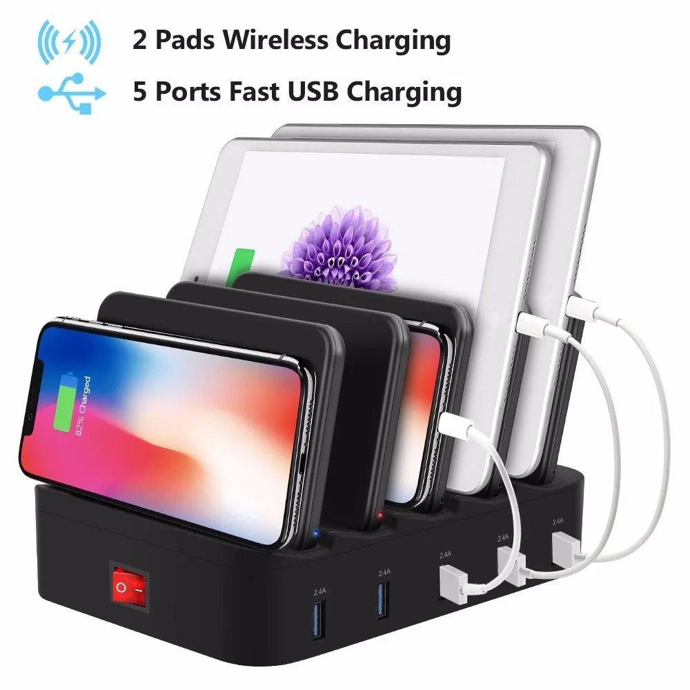 2 Pcs Wireless Charging Pad 5 Usb Charging Station Expandable