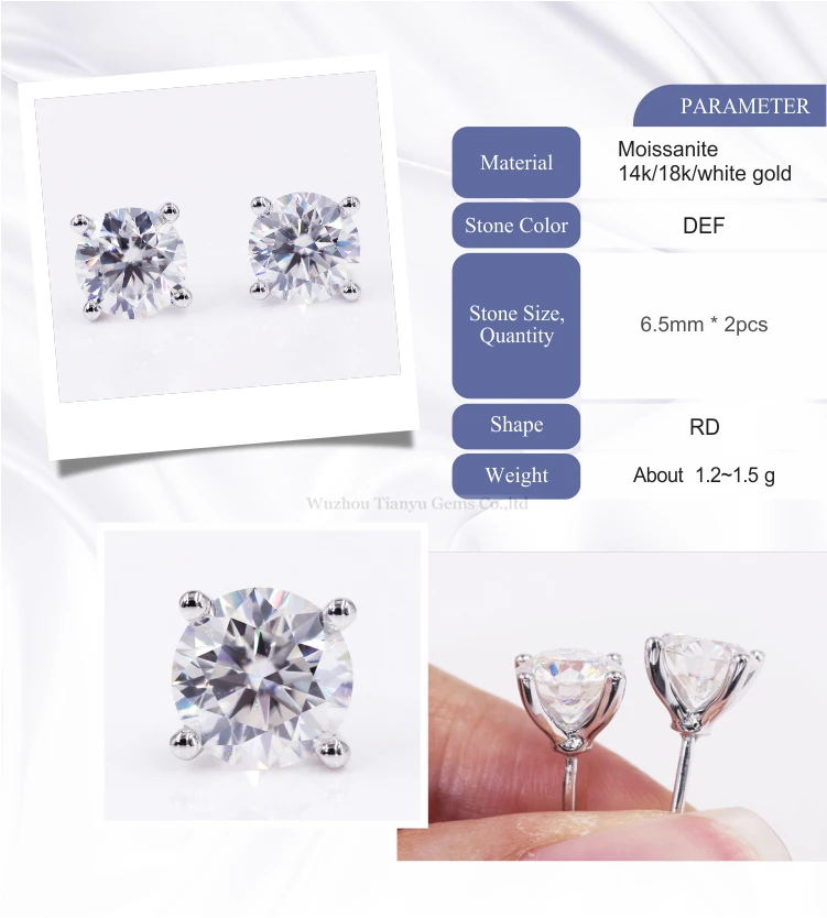 tianyu fashion jewelry customized 14K/18K white gold 2 carat DEF moissanite diamond earrings