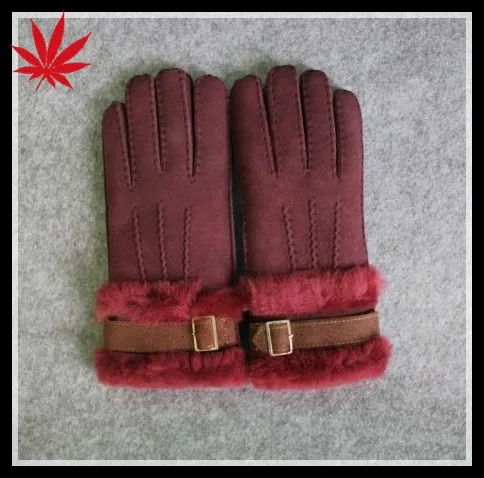 china wine red color girls double face or Sheepskin wool-one gloves with buckle