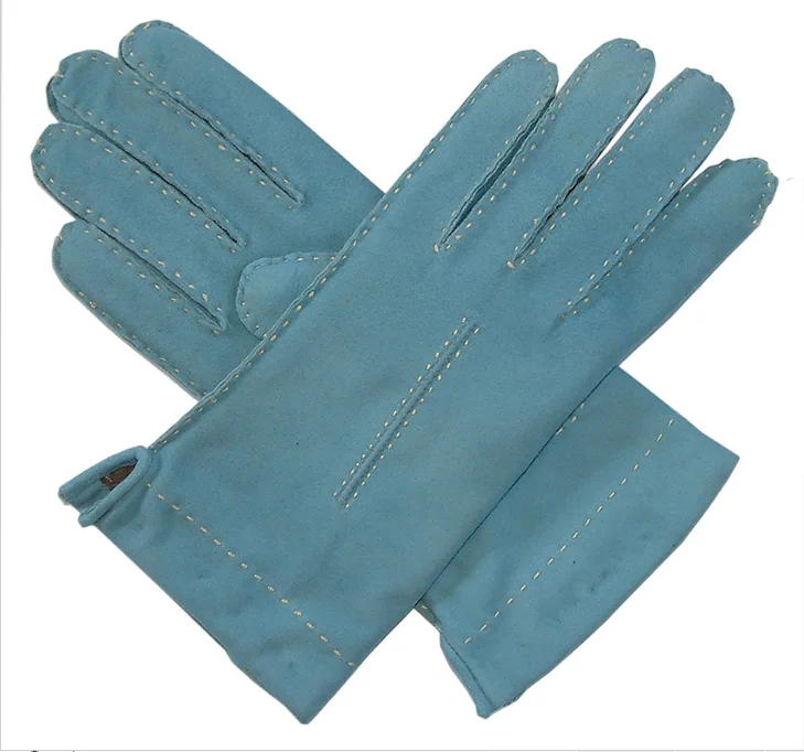 Women cashmere lined baby blue suede leather gloves with contrast thread
