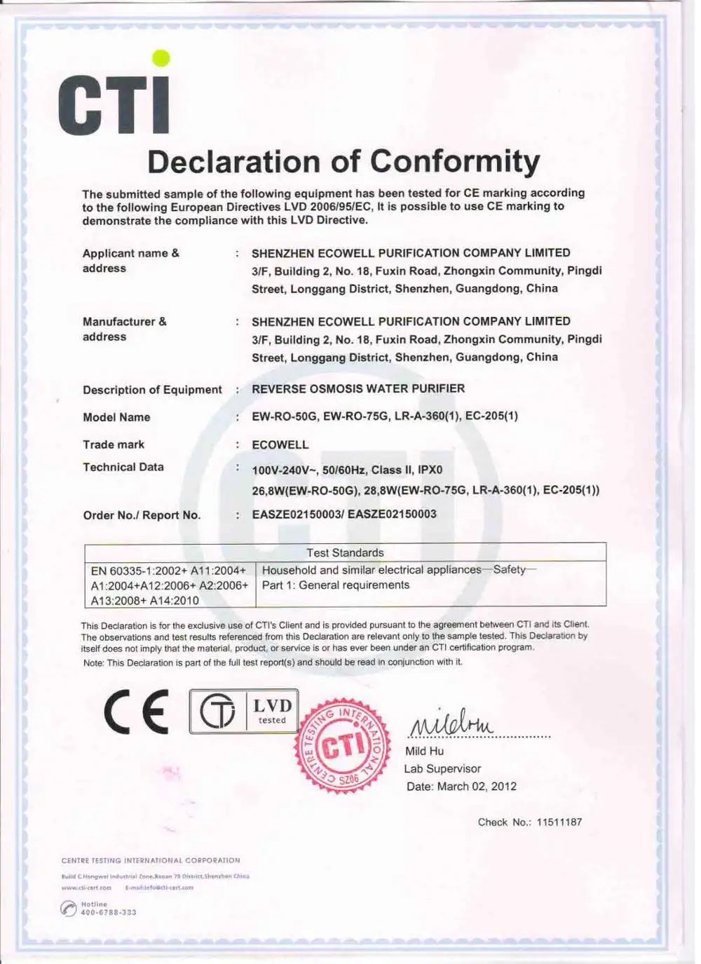 CE LVD Certificate