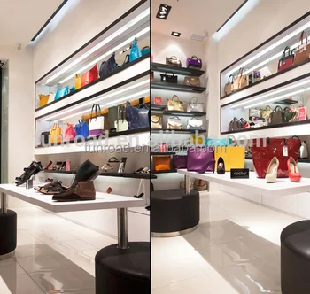 Painted MDF Display Case Unit And Wall Mounted Wooden Shelf For Bag Store Solution Painted MDF Display Case Unit And Wall Mounted Wooden Shelf For Bag Store Solution